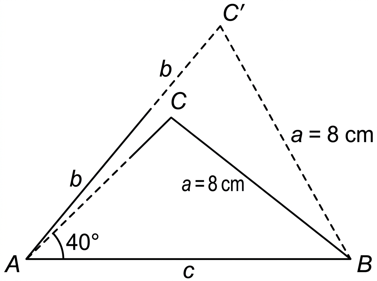 A labelled ambiguous-case triangle diagram with the point $A$, point $C$, and ray $AC$ fixed so that the angle at $A$ is $40^\circ$. Show the two possible points $B$ and $B'$ on the ray from $A$ for the same $b=AC$, with $BC=B'C=a=8\ \text{cm}$, and label the different lengths $c=AB$ and $c'=AB'$.