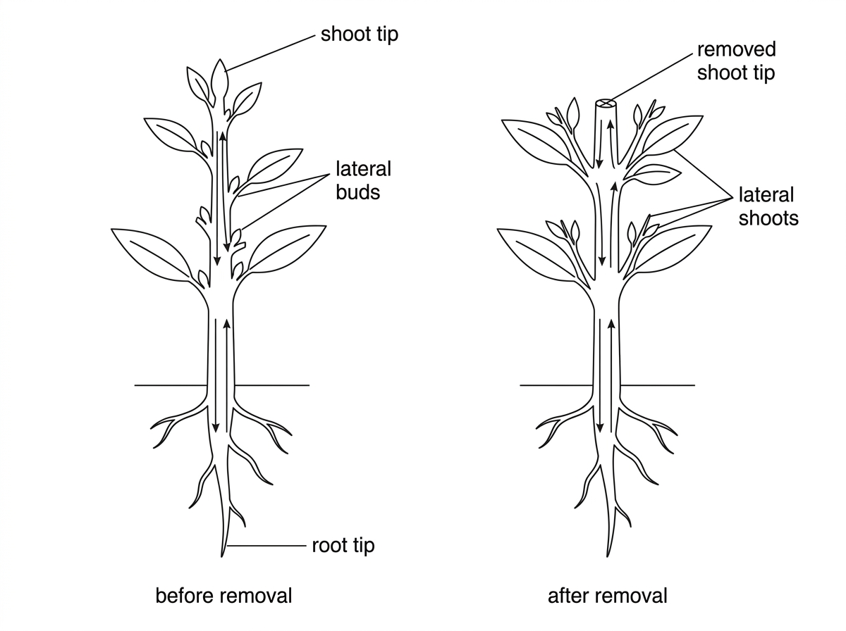 A diagram of a young plant before and after removal of the shoot tip. The first plant should show a dominant shoot tip and small lateral buds; the second should show the cut shoot tip and larger lateral shoots. Arrows should indicate movement of signals from shoot tips toward roots and root tips toward shoots, without naming the hormones.