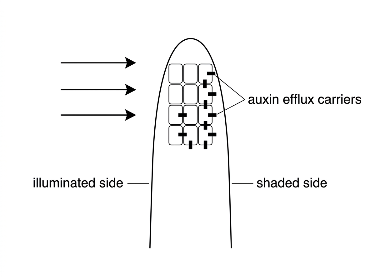Diagram of a shoot tip with light from one side; adjacent cells show auxin efflux carriers concentrated on specific membrane faces directing auxin toward the shaded side; shaded and illuminated sides labelled.
