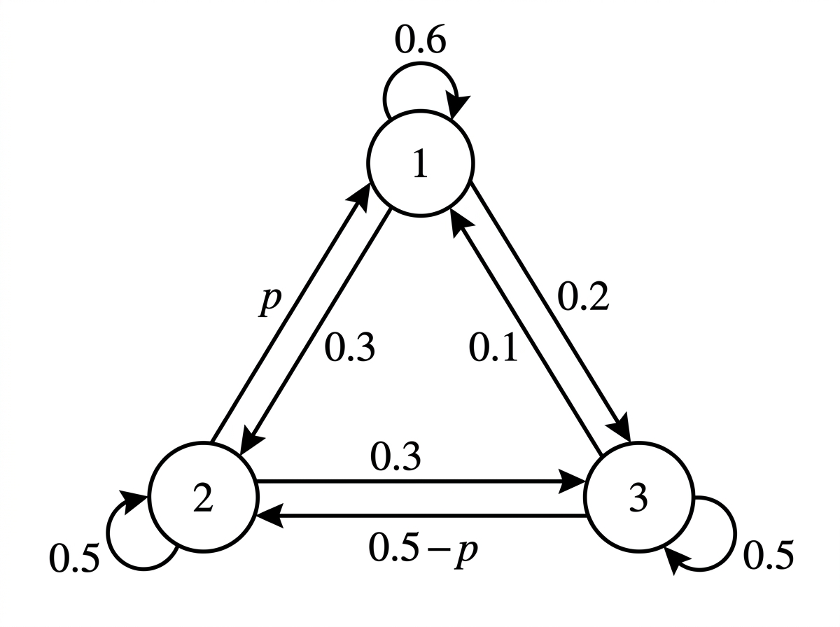A three-state manufacturing flow diagram with directed transitions between all three process states, consistent with the displayed column-stochastic matrix. The arrow from state $1$ to state $3$ is labelled $0.1$, and the arrow from state $3$ to state $1$ is labelled $0.2$; the transitions involving $p$ and $0.5-p$ retain those labels.