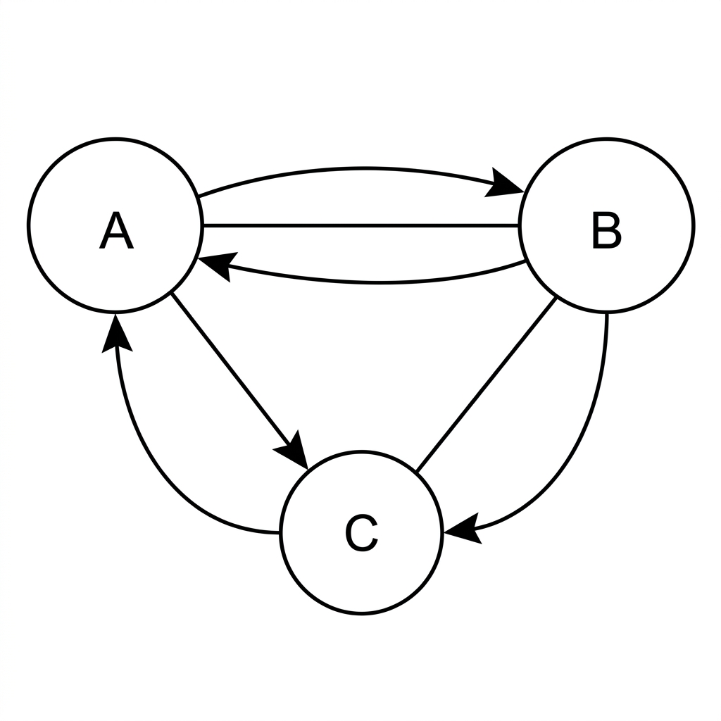 A directed three-vertex room network showing the permitted visitor movements. Rooms A and B each have directed arrows to the other two rooms, and room C has one directed arrow to room A. Between rooms A and B, each permitted direction is shown by one unambiguous arrow only; there is no separate unarrowed horizontal segment.