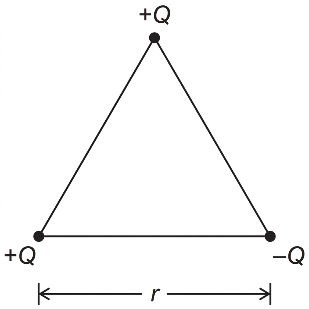 Equilateral triangle with point charges +Q, +Q and −Q at the vertices and side length r labelled.