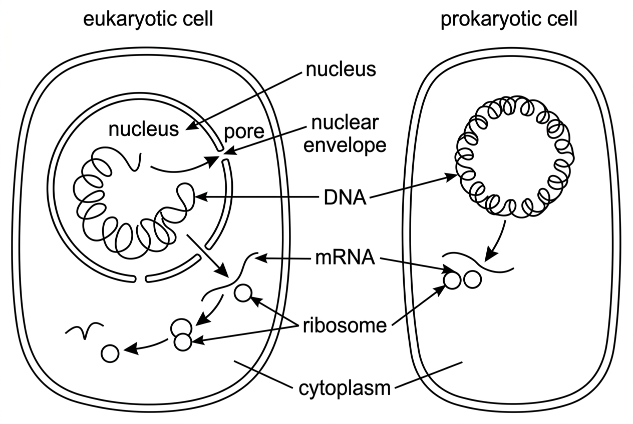 Two side-by-side simplified cell diagrams. The eukaryotic cell has a nucleus containing DNA and a transcript that must leave through the nuclear envelope before reaching cytoplasmic ribosomes. The prokaryotic cell has DNA and ribosomes in the same cytoplasmic compartment, with a transcript close to ribosomes. Use arrows to show movement from DNA to ribosomes, but do not include explanatory text about modification.