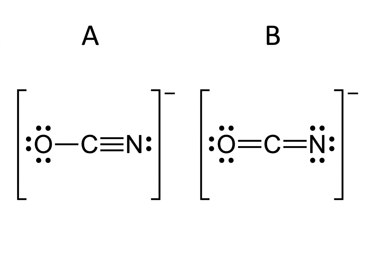 Two labelled Lewis formulas for $OCN^-$ with the same atom connectivity. Structure A shows a single $O-C$ bond and a triple $C\equiv N$ bond with appropriate lone pairs and overall brackets. Structure B shows double bonds $O=C=N$ with appropriate lone pairs and overall brackets. Formal charge values are not printed.