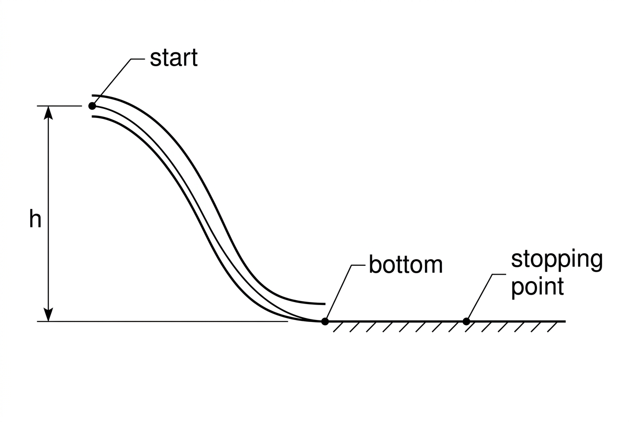Curved slide from a height h followed by a rough horizontal surface; start, bottom and stopping point labelled.