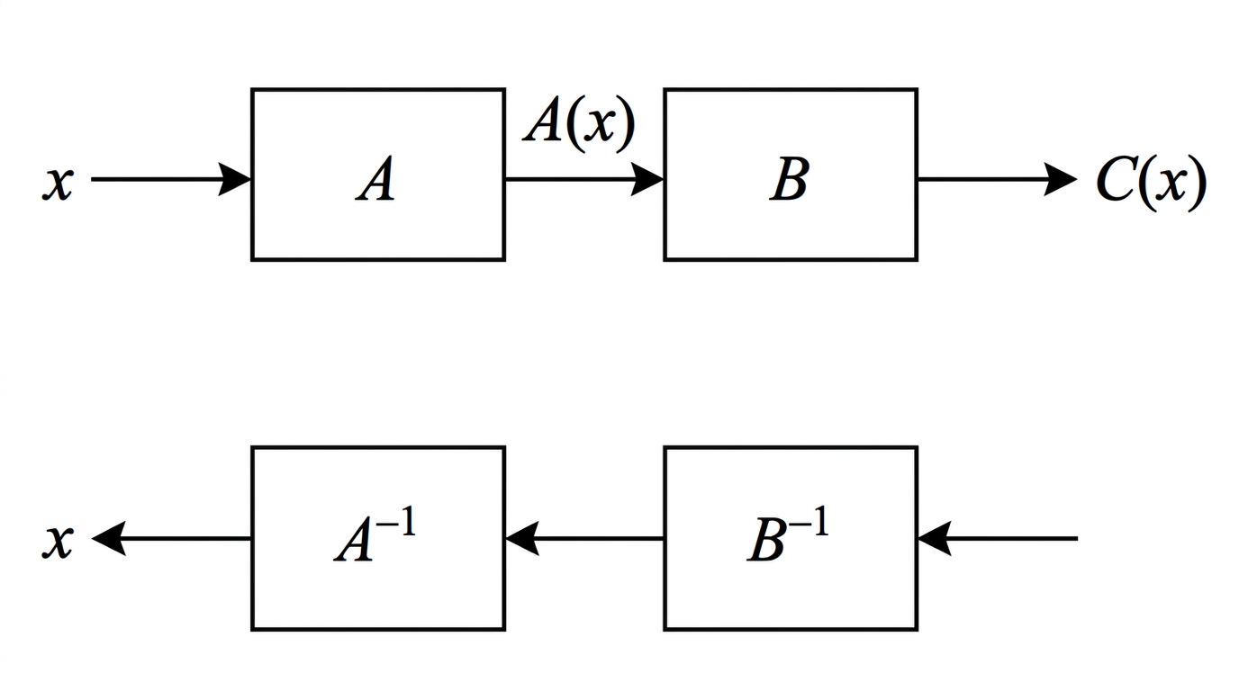 A simple function-machine diagram showing an input $x$ entering function $A$, the output $A(x)$ entering function $B$, and the final output labelled $C(x)$. Do not include a reverse path or inverse-function arrows.