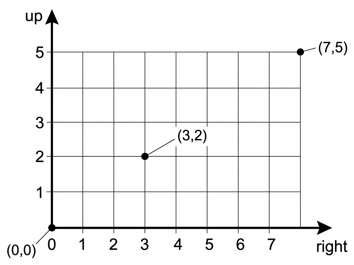 A rectangular grid from $(0,0)$ to $(7,5)$ with a marked intermediate point $(3,2)$. Right and up directions are labelled, and no path counts are displayed.