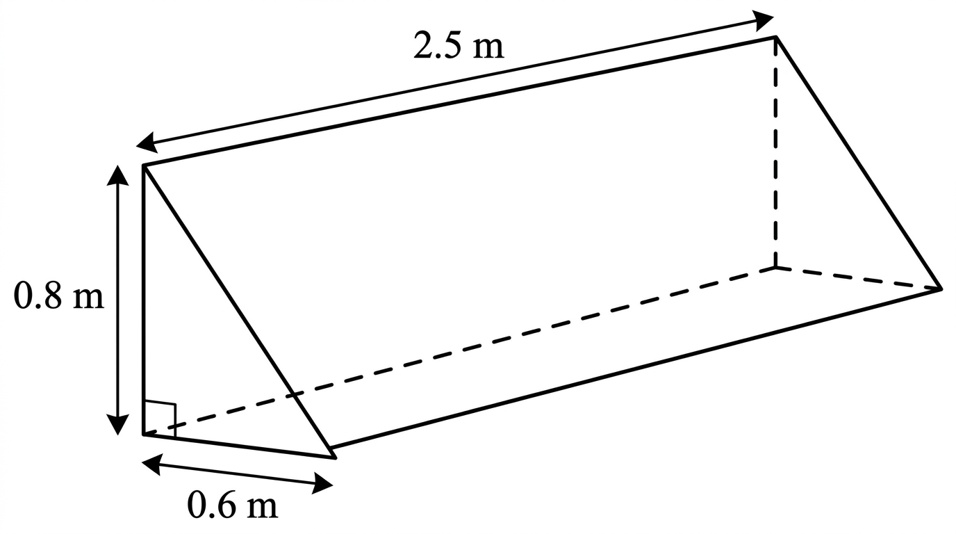 A horizontal triangular prism representing a trough. Its right-triangular cross-section, perpendicular sides and prism length are labelled.