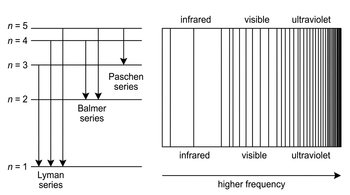 Energy level diagram for hydrogen with horizontal levels labelled by principal quantum number and arrows showing several downward transitions ending at the first, second and third energy levels. Include an adjacent spectrum indicating ultraviolet, visible and infrared regions and showing convergence of lines at higher frequency.