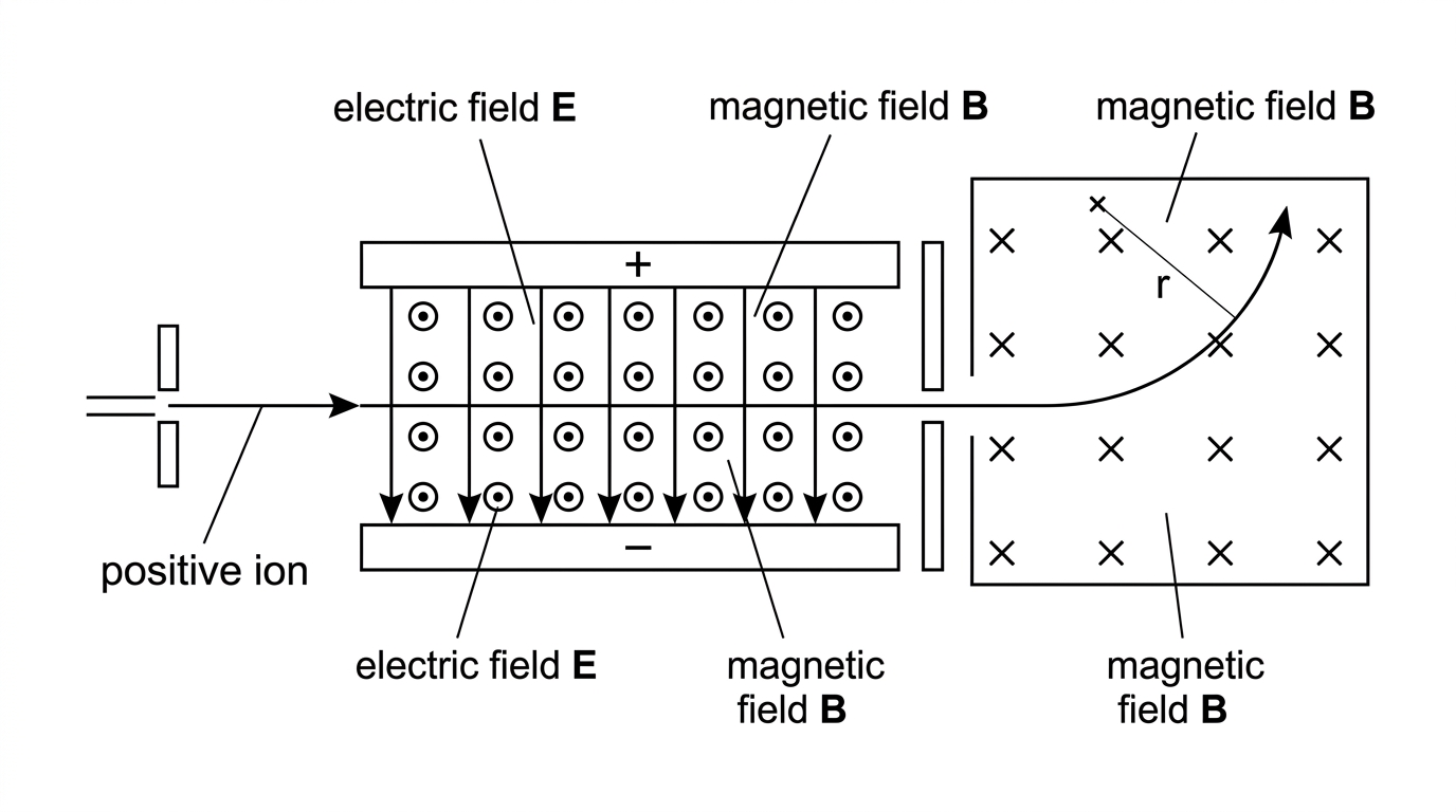 A mass spectrometer layout with a velocity selector followed by a magnetic field-only region, showing an undeflected path through crossed fields and a curved path of measurable radius in the second region.