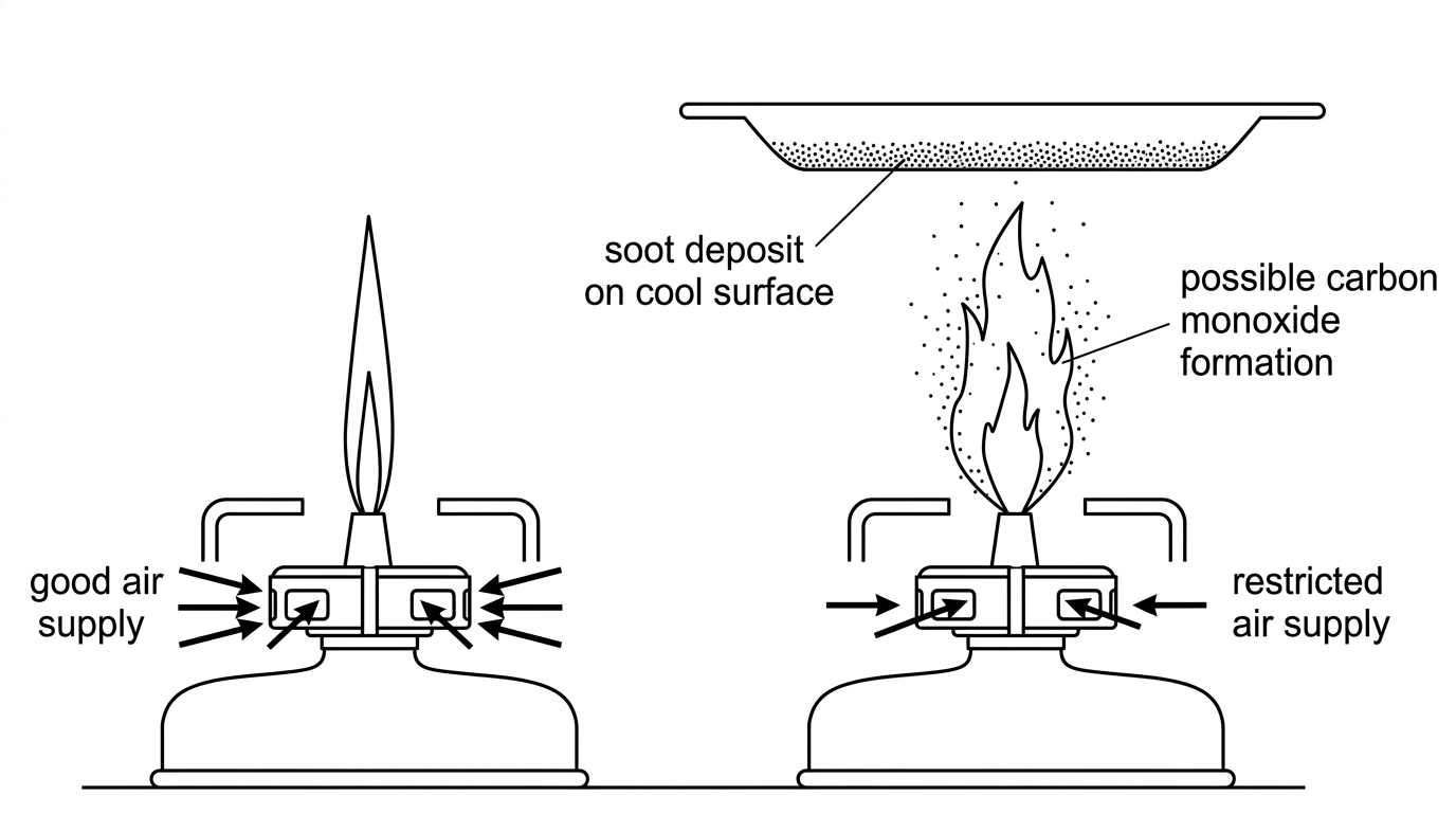 Diagram of a gas flame under two conditions: a clean blue flame with good air supply and a yellow smoky flame with restricted air supply. Labels should indicate oxygen supply, soot deposit on a cool surface, and possible carbon monoxide formation, without giving equations.