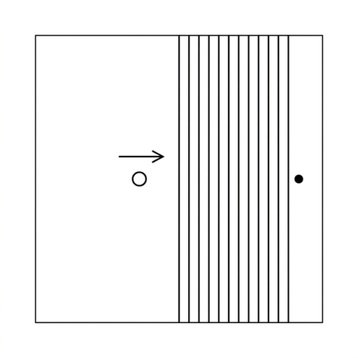 A point source with a rightward motion arrow. To the right are several straight vertical parallel wavefront lines, with curved circular wavefronts absent. A small observer marker is to the right.