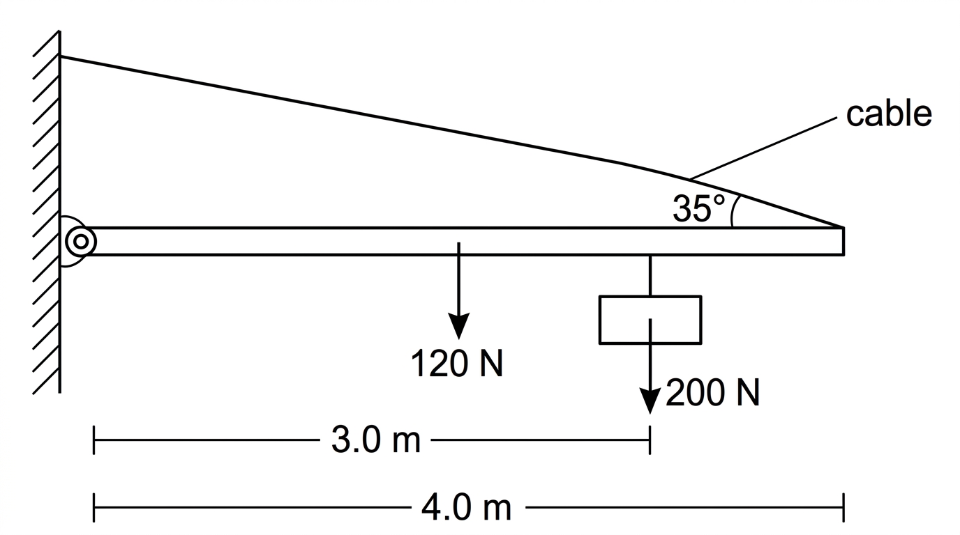Horizontal beam hinged at a wall, cable attached at free end making 35° above the beam, uniform beam weight acting at its centre, and a hanging sign 3.0 m from the hinge.