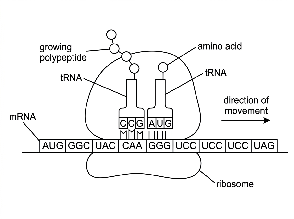 A ribosome translating mRNA with two tRNAs bound, one carrying a growing polypeptide and another carrying a single amino acid. Show mRNA codons, tRNA anticodons and movement of the ribosome along the mRNA, but do not include explanatory captions for elongation steps.