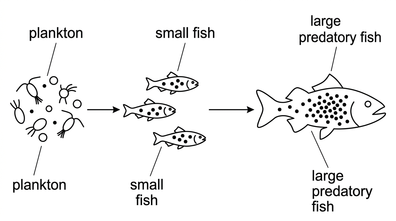 A simple aquatic food chain from plankton to small fish to large predatory fish, with increasing pollutant concentration indicated by shading or symbol density but without numerical values.