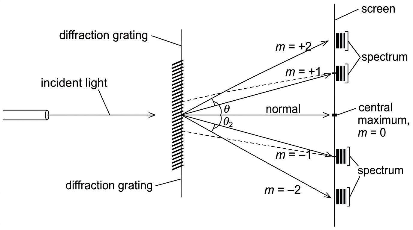 Diffraction grating setup with incident light, central maximum, first and higher order maxima/spectra on a screen; axes and angles indicated but no numerical data.