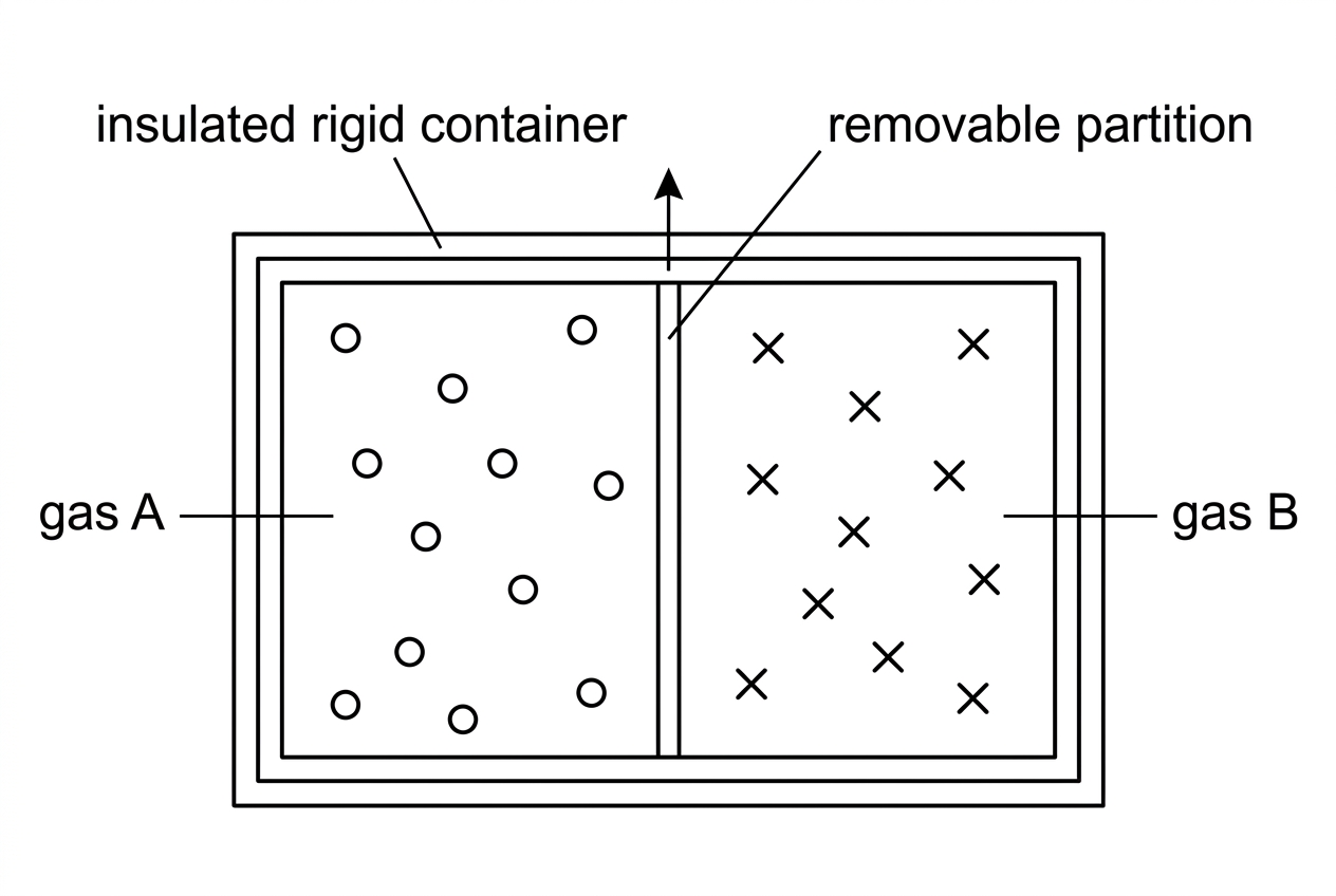 Diagram of an insulated rigid container divided into two compartments by a removable partition, with gas A on one side and gas B on the other.