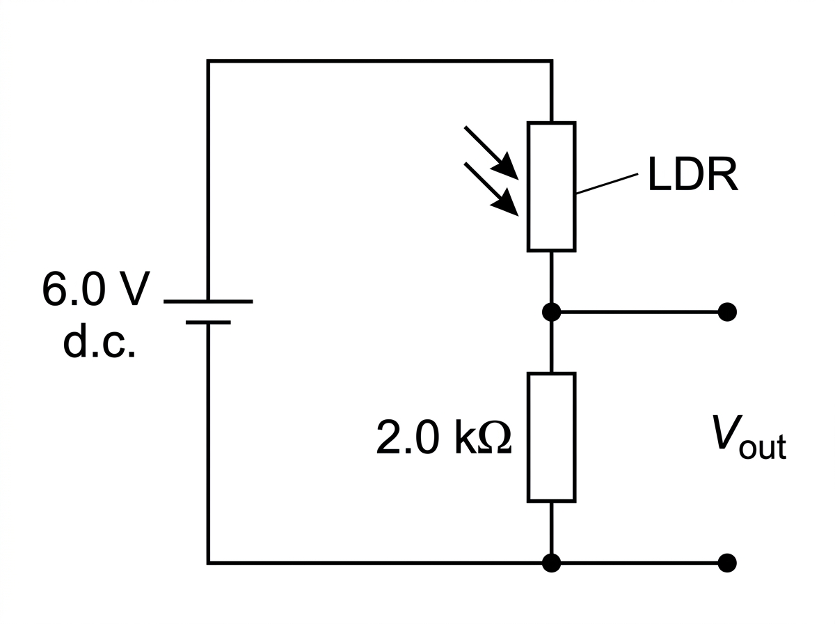 A potential-divider circuit with a $6.0\ \text{V}$ dc supply. An LDR is in series with a fixed resistor labelled $2.0\ \text{k}\Omega$. The output terminals are connected across the fixed resistor and labelled $V_\text{out}$. The diagram should clearly show which resistor is the LDR and which resistor has the output measured across it.