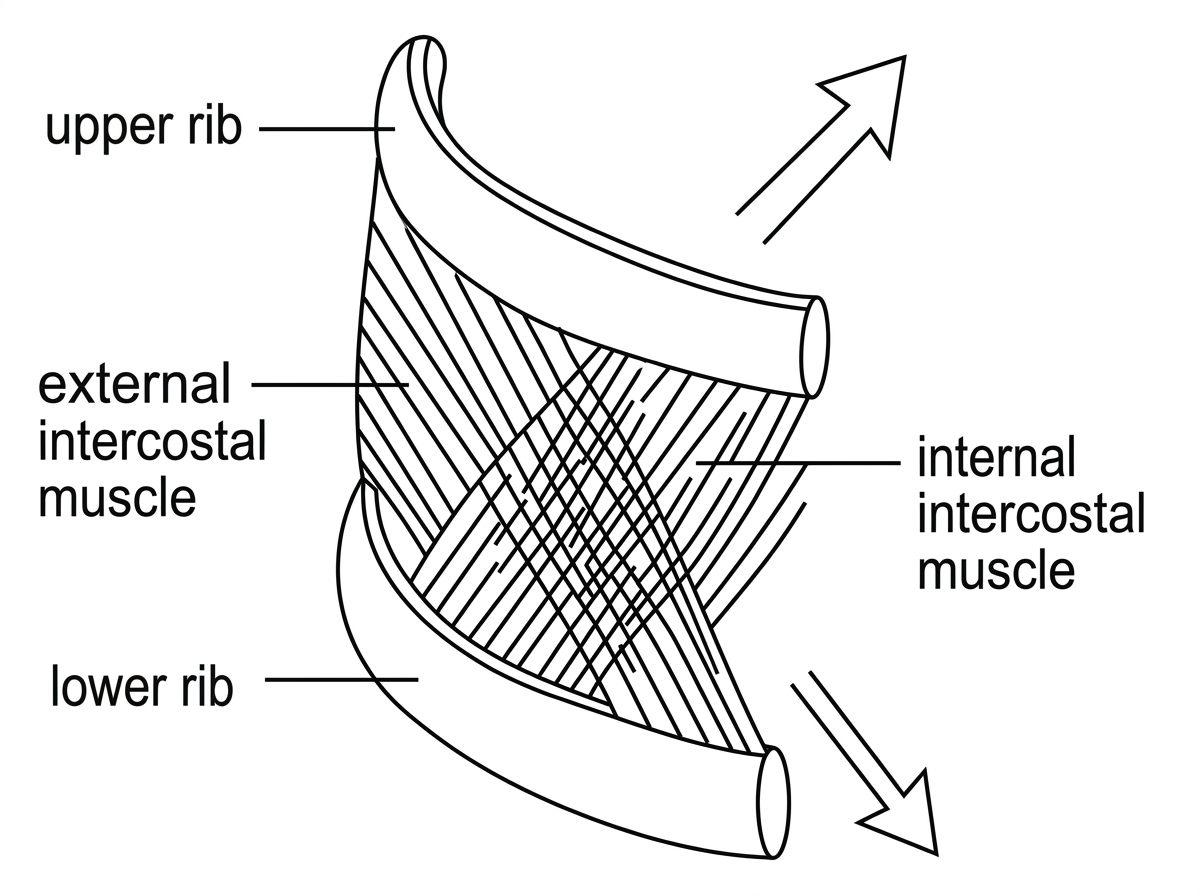 A diagram of two adjacent ribs with two layers of intercostal muscle between them. The external intercostal fibres should be drawn slanting in one direction and the internal intercostal fibres slanting in the opposite direction. The diagram should include arrows showing possible rib movement upward and outward, and downward and inward, but not state which muscle layer causes each movement.