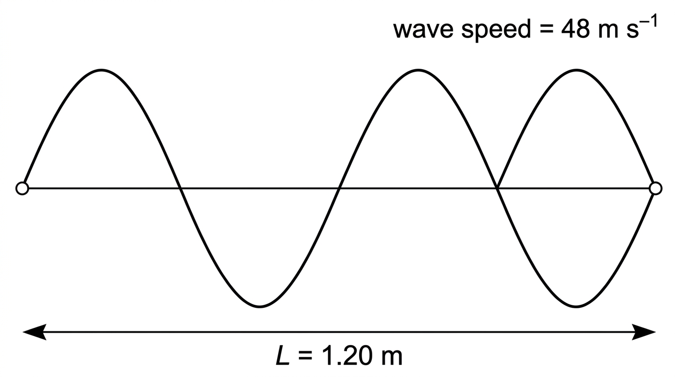 Diagram of a standing wave on a string or flexible rod with free ends, showing antinodes at both ends and internal nodes. The length and wave speed are stated in the stimulus. The mode has several half-wavelength sections visible but the harmonic number is not labelled.