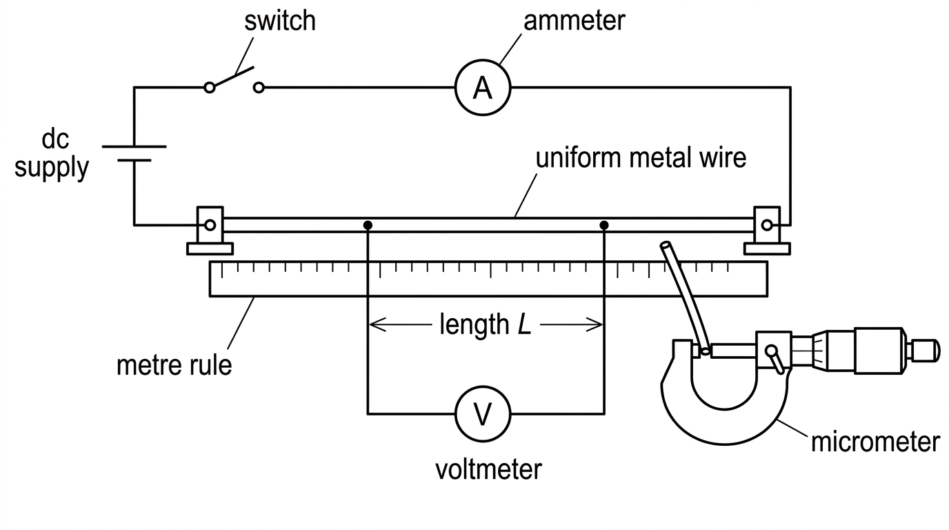 Laboratory circuit diagram for measuring wire resistance, showing dc supply, switch, ammeter in series with a uniform test wire, voltmeter across a measured length of wire, and a micrometer measuring the diameter.