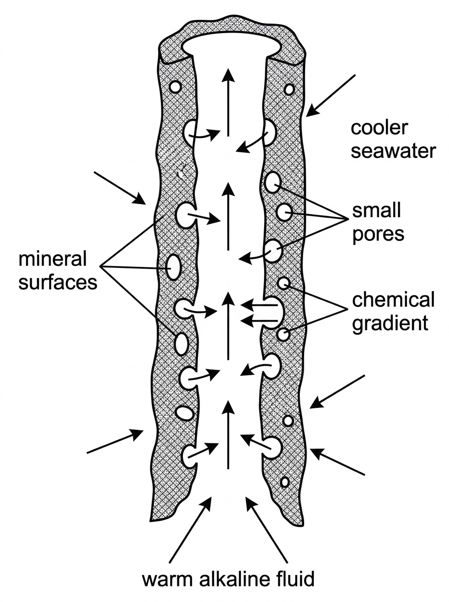 Cross-section of a porous alkaline hydrothermal vent chimney showing warm alkaline fluid emerging through small mineral pores into cooler seawater, with labels for pores, mineral surfaces and chemical gradient.