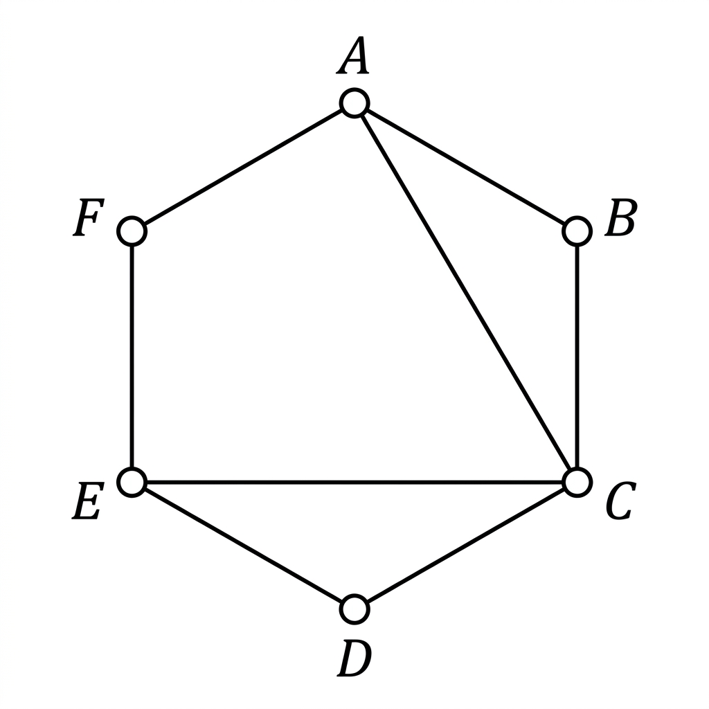 An undirected graph diagram with six labelled vertices A to F, showing an outer six-vertex cycle and the additional internal connections AC and CE.