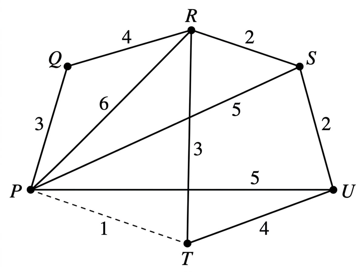A connected weighted undirected campus network with labelled vertices P, Q, R, S, T and U and corridor weights shown beside the corresponding edges.