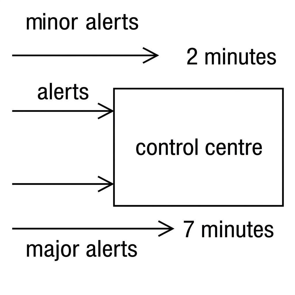 Draw exactly two horizontal arrows entering the control centre. Label one arrow directly "minor alerts" and place "2 minutes" alongside it. Label the other arrow directly "major alerts" and place "7 minutes" alongside it. Do not include any additional alert arrows or detached labels.
