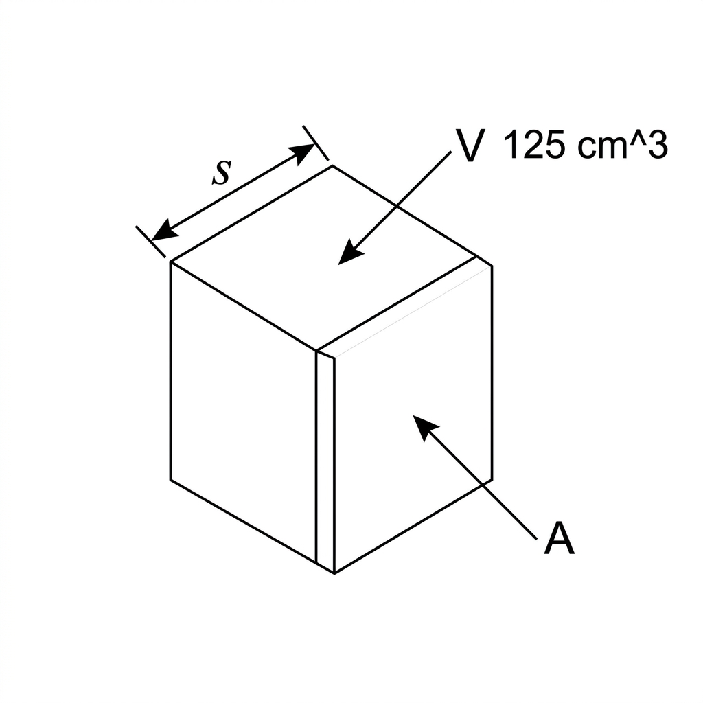 A cube labelled with side length $s$, accompanied by the volume symbol $V$ and surface-area symbol $A$. The volume label is $125\ \text{cm}^3$.