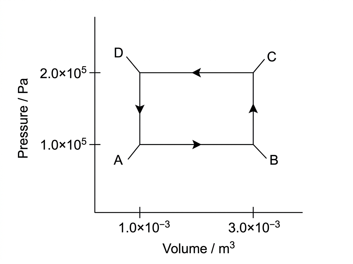 A rectangular cycle on a pressure-volume diagram. Pressure is on the vertical axis and volume on the horizontal axis. Points A and B lie on the lower-pressure horizontal segment, with A at smaller volume and B at larger volume. Points C and D lie directly above B and A respectively on the upper-pressure horizontal segment. Arrows show the sequence A to B to C to D to A, making an anticlockwise loop.