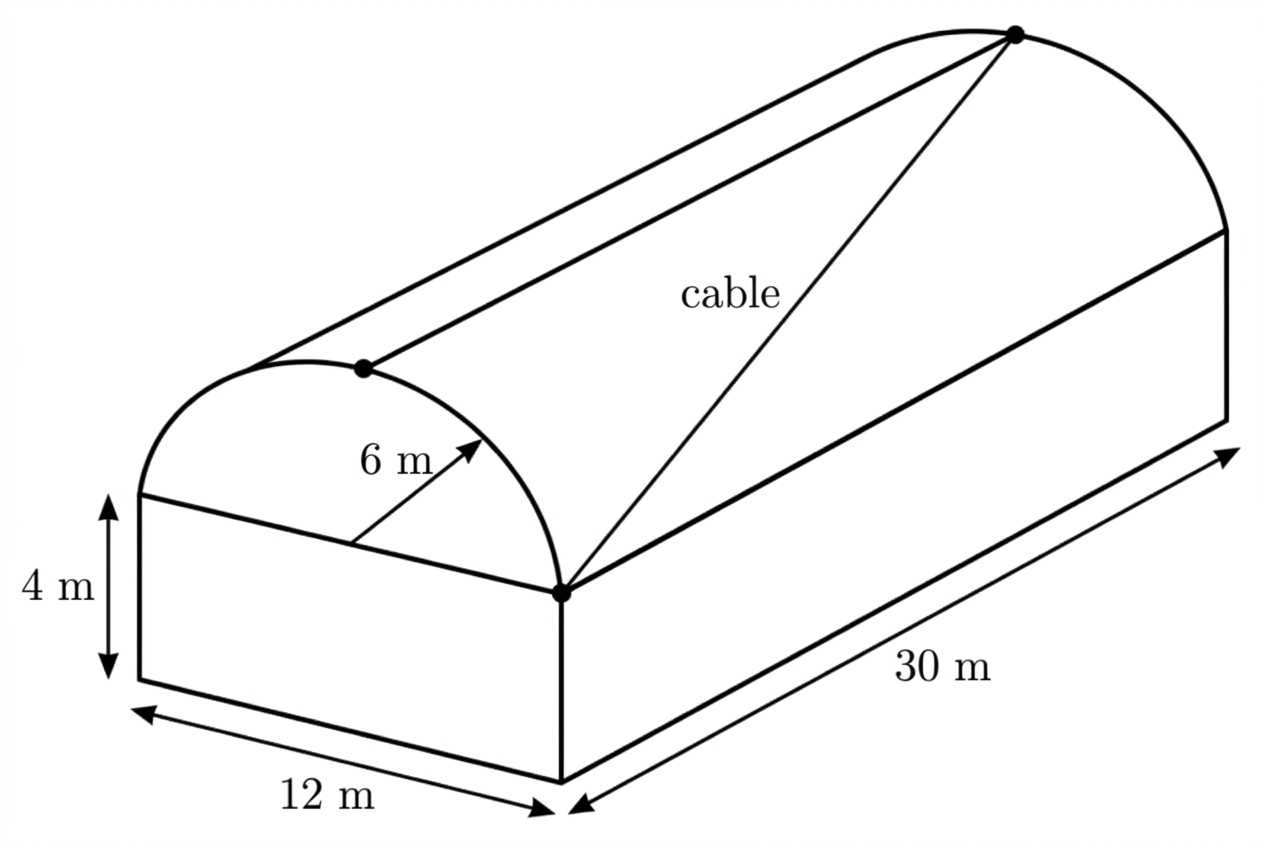 A prism-shaped hangar with a rectangular and semicircular end cross-section, showing its width, wall height, roof radius and length.