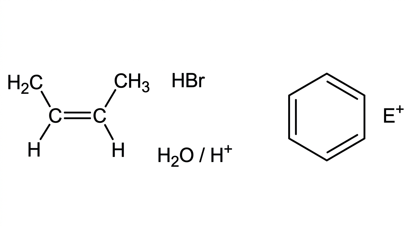 Displayed structural formulas of propene and benzene shown separately. Propene should be shown with HBr and H2O/H+ as possible reagents. Benzene should be shown with a generic electrophile E+ nearby. No products, intermediates or curly arrows should be shown.