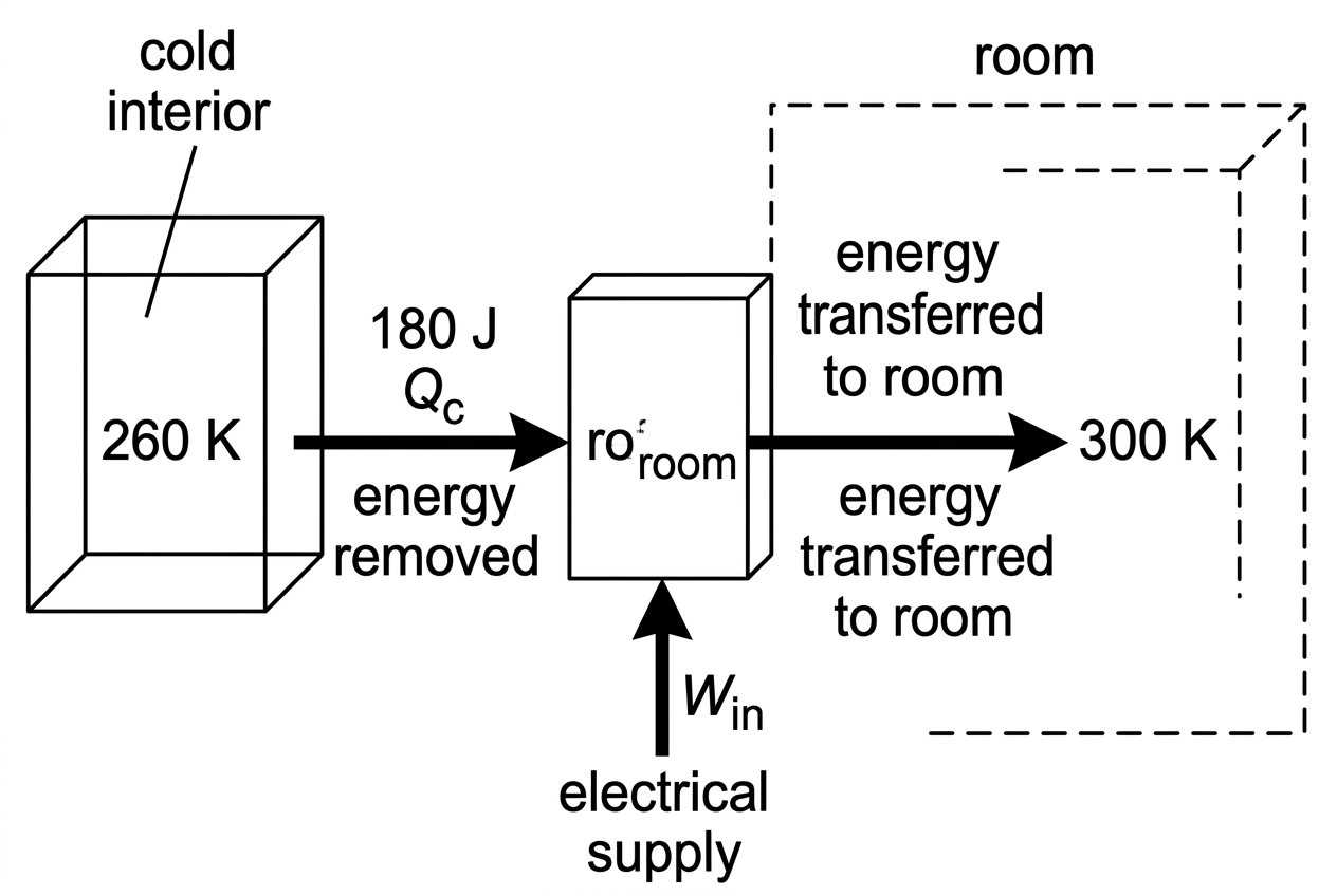 A schematic refrigerator energy-flow diagram. A cold interior, a refrigerator device and a warm room are shown. Arrows show energy removed from the cold interior, electrical work input to the device, and energy delivered to the room.