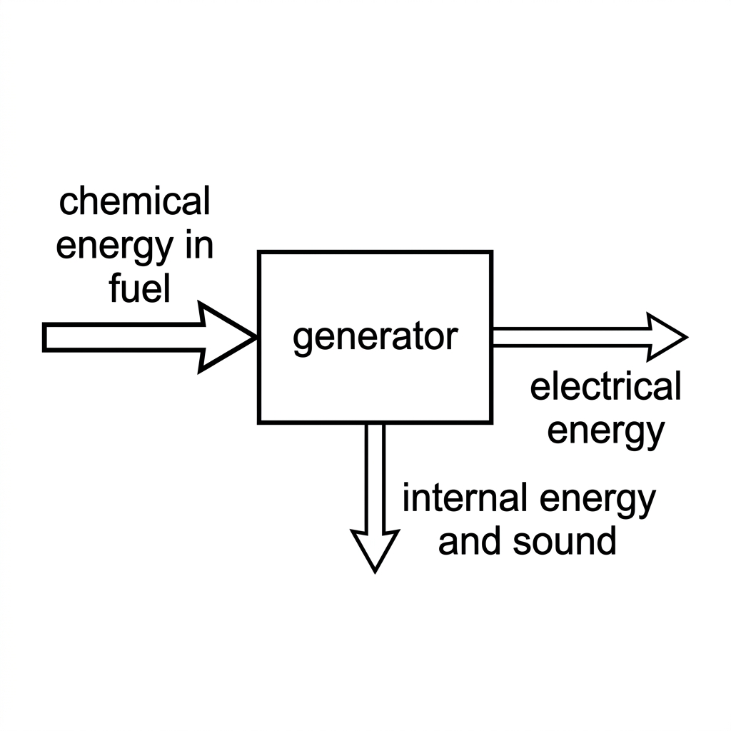 A simple energy-flow diagram for a fuel generator. An input arrow labelled chemical energy in fuel enters a generator block. A useful output arrow labelled electrical energy leaves to the right. A waste arrow labelled internal energy and sound leaves downward. The useful output is smaller than the input. No numbers are printed on the diagram.