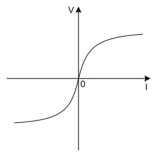 A graph with V on the vertical axis and I on the horizontal axis, origin at the centre. A smooth curve passes through the origin and lies in the first and third quadrants. The curve becomes less steep as it moves away from the origin in both directions.