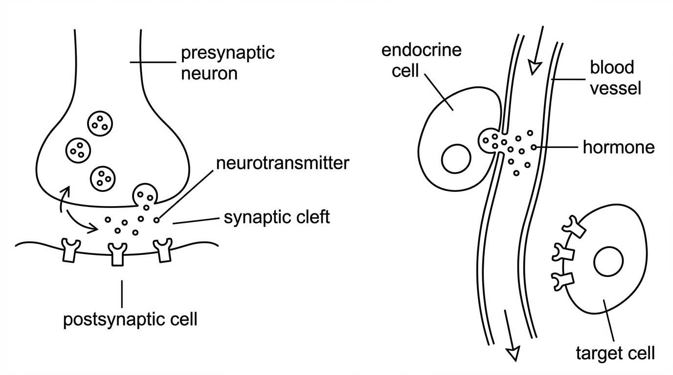 Two side-by-side diagrams. One shows a presynaptic neuron releasing neurotransmitter into a narrow synaptic cleft with a postsynaptic membrane very close by and removal mechanisms indicated generically. The other shows an endocrine cell secreting hormone into a capillary with blood flow carrying hormone to distant target cells. Labels should include synaptic cleft, postsynaptic cell, endocrine cell, blood vessel, hormone and target cell. The diagram must not label one pathway as local or distant.