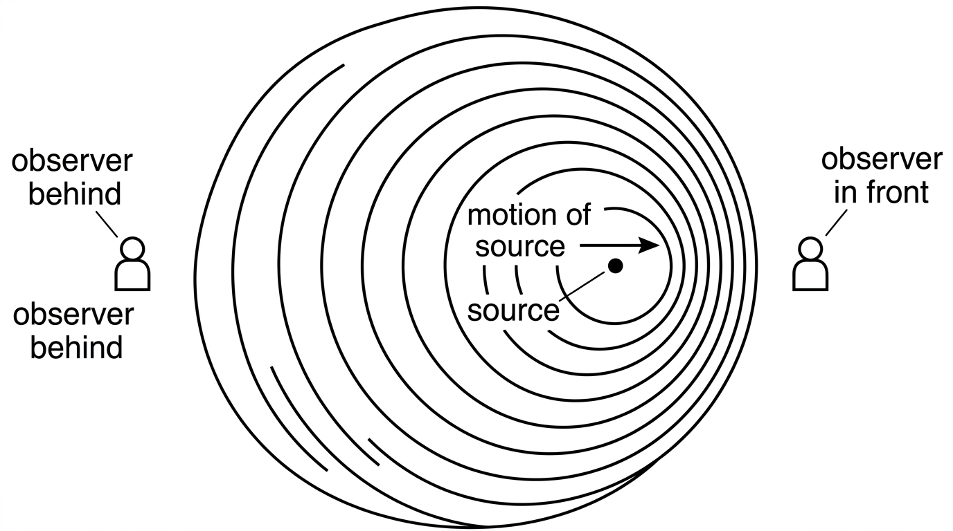 Circular wavefronts from a point source moving horizontally through still air, showing compressed spacing in front and larger spacing behind; observers labelled in front of and behind the source.