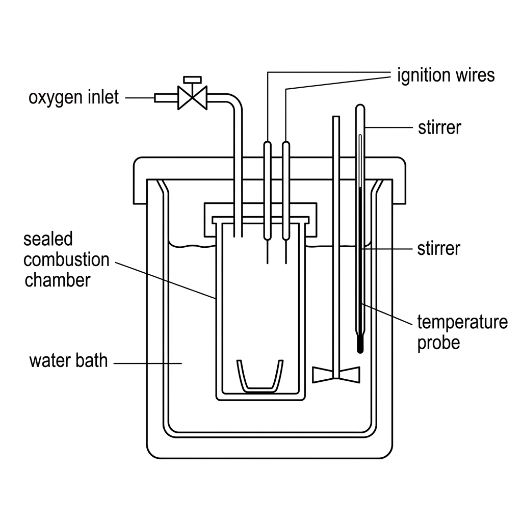 A labelled bomb calorimeter with a sealed combustion chamber surrounded by water, oxygen inlet, ignition wires, stirrer, and temperature probe. The visual should show the sealed chamber and surrounding water bath but must not include calculated heat capacities.