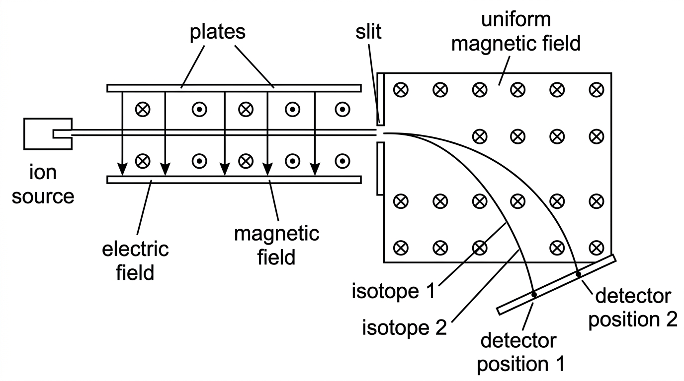 A Bainbridge mass spectrometer schematic with ion source, crossed-field velocity selector, slit, magnetic analysing region, curved paths of two isotopes, and detector positions labelled.