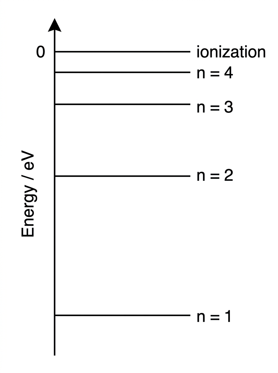 A hydrogen energy-level diagram with horizontal levels labelled $n=1$, $n=2$, $n=3$, $n=4$ and an upper ionization level at zero energy. The vertical axis is labelled Energy / eV. The levels get closer together near zero energy. No transition arrows are drawn.