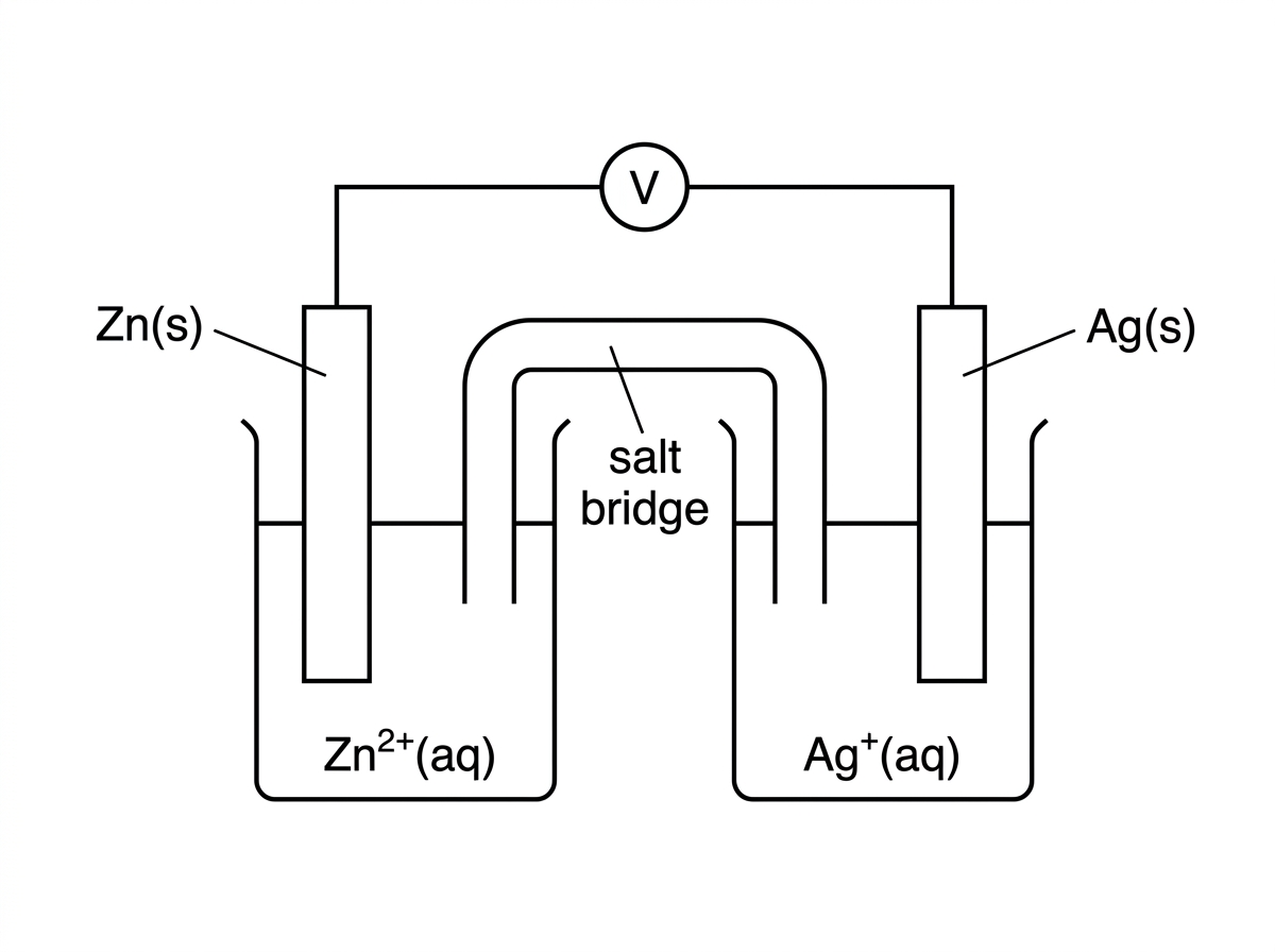 Voltaic cell diagram with zinc and silver half-cells, metal electrodes, salt bridge, and external wire with voltmeter; solutions labelled Zn2+(aq) and Ag+(aq), without arrows or electrode signs.