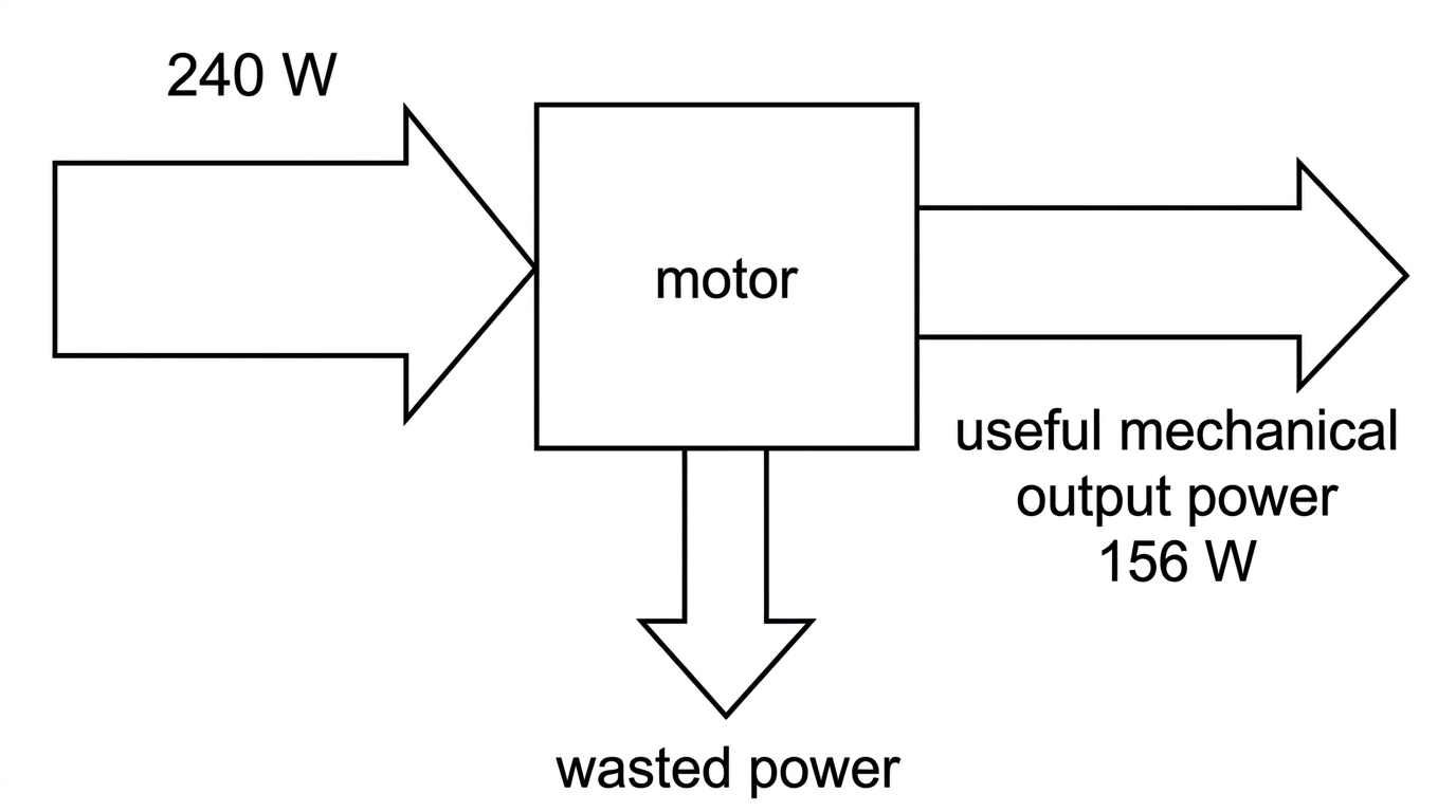 A Sankey diagram for an electric motor. A single input arrow enters from the left. A useful output arrow continues to the right and a wasted output arrow branches downward. The widths should be proportional to the input, useful output and wasted output powers, without displaying numerical values in the placeholder.