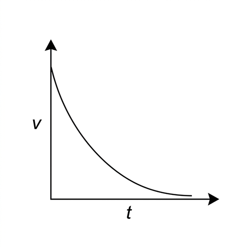 A speed-time graph with axes labelled $v$ and $t$. The plotted curve starts at a high positive speed and decreases smoothly, approaching the time axis.