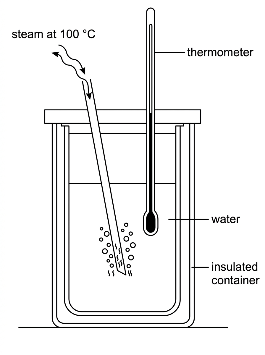 An insulated container of water with a steam inlet tube entering below the water surface and a thermometer. Steam is shown entering and condensing in the water. Labels identify steam at 100 °C, water and thermometer; the diagram should not reveal the mass of condensed steam.