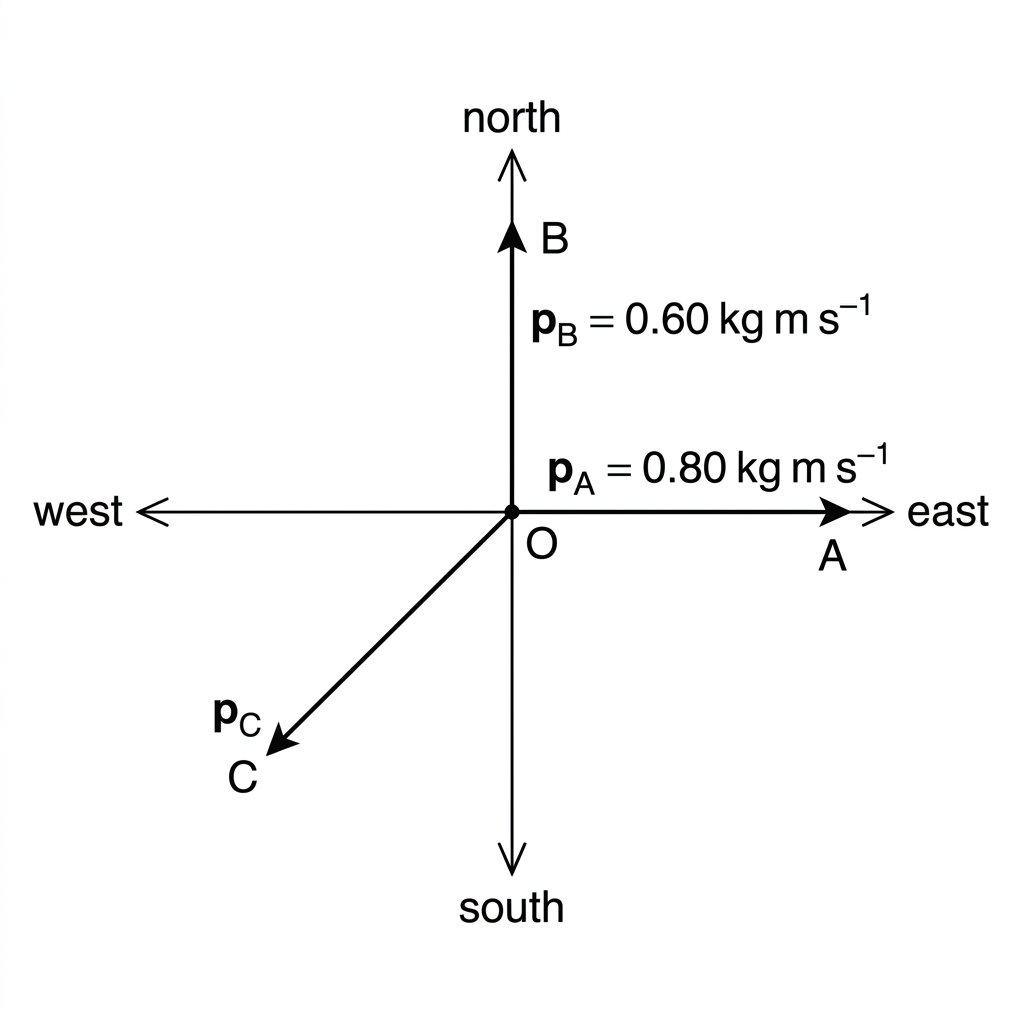 A vector diagram in plan view showing two perpendicular momentum vectors from an explosion: fragment A east and fragment B north. A third fragment C has an unknown momentum directed generally southwest. Axes north and east are shown.