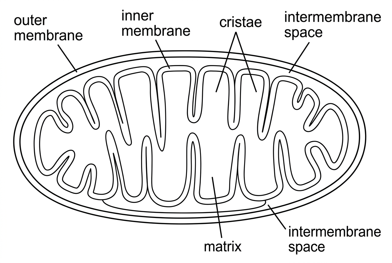A labelled diagram of a mitochondrion showing outer membrane, inner membrane, cristae, intermembrane space and matrix. The diagram should show many folds of the inner membrane but should not include explanatory labels about ATP production.