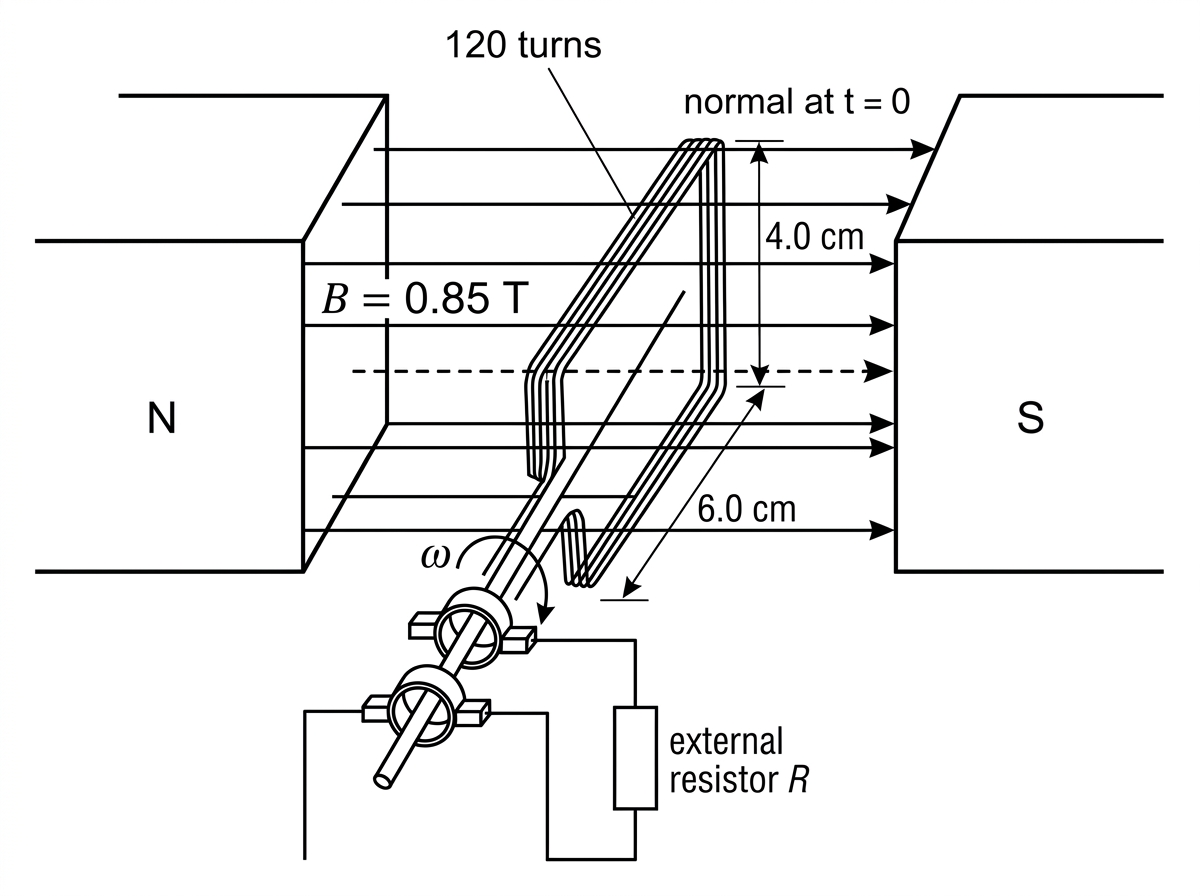 A rectangular coil between two pole pieces labelled N and S in a uniform horizontal magnetic field. The coil is mounted on an axle with slip rings and brushes connected to an external resistor. An arrow shows rotation at angular speed $\omega$. The dashed normal at $t=0$ is drawn parallel to the field lines so the maximum-flux orientation is unambiguous. Labels must include the coil dimensions, the number of turns, the magnetic flux density, and the external resistor, but no answer values.