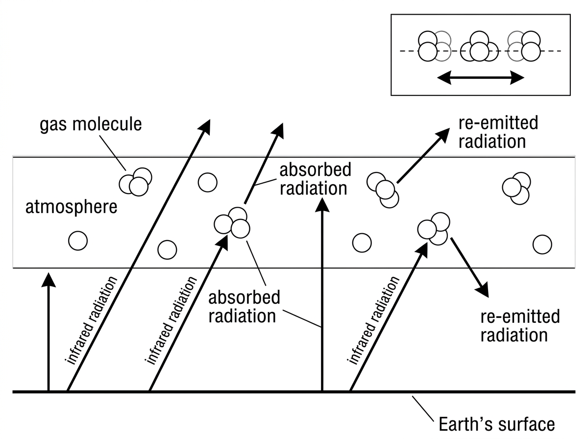 A schematic diagram showing infrared radiation from Earth's surface passing upward into a layer of atmosphere containing gas molecules. Some radiation arrows are absorbed by molecules and re-emitted in different directions. A small inset shows a molecule vibrating, with no specific molecular formula required.