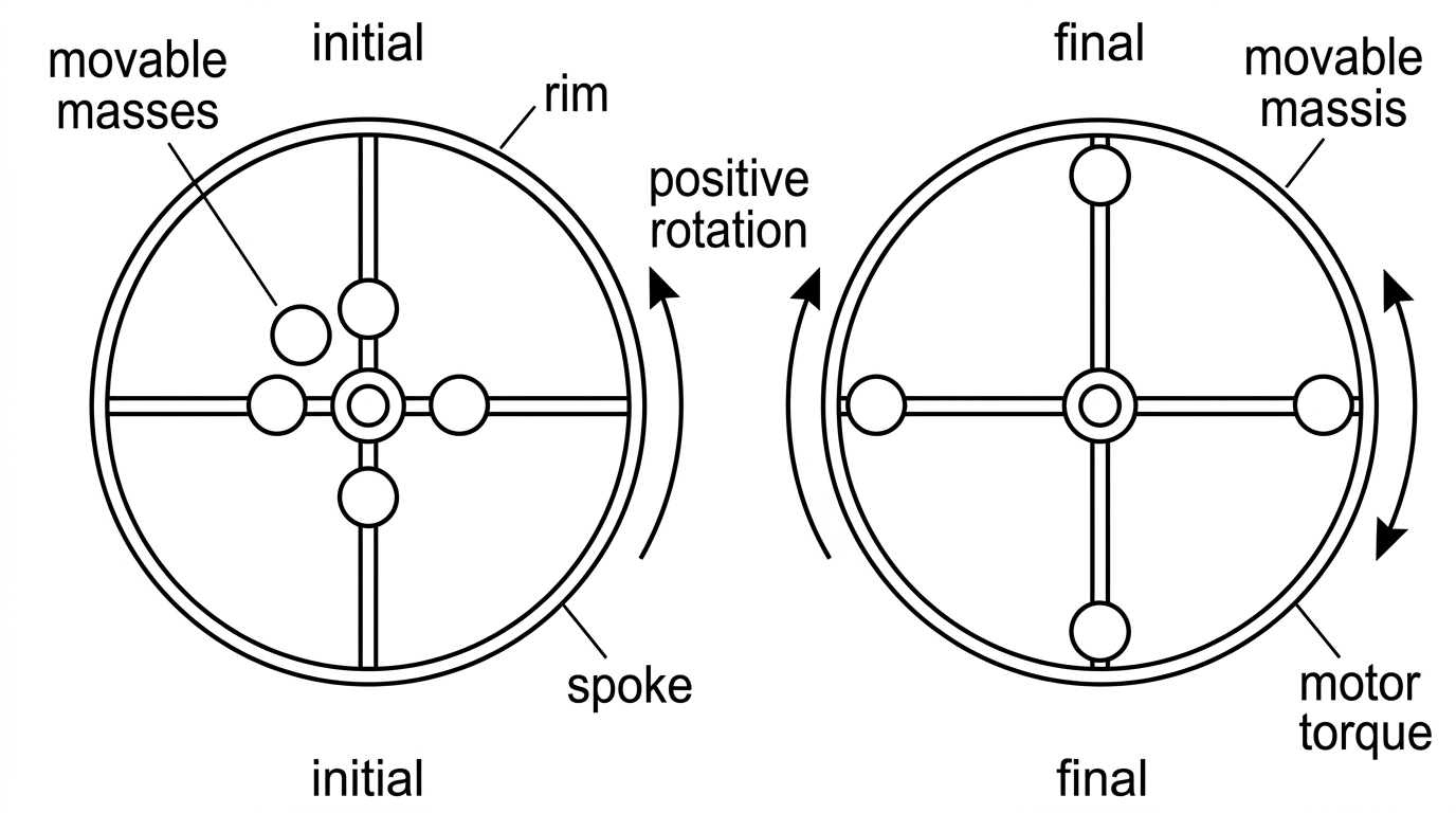 Rotor with movable masses shown initially nearer the axis and finally farther from the axis while a motor applies a torque in the positive rotational sense.